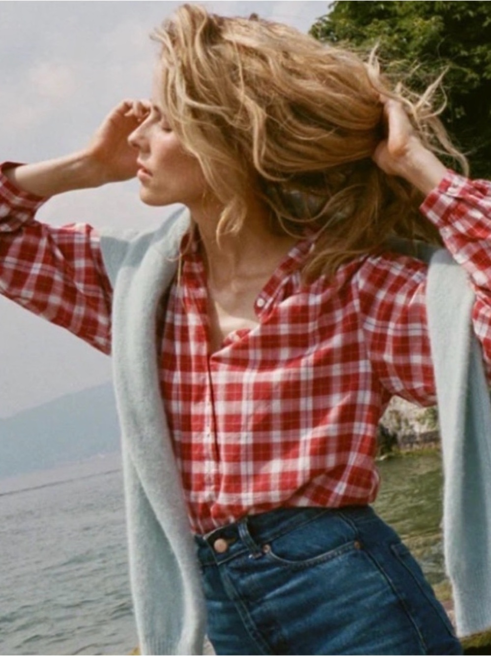 Doen Holde Cotton Button Long Sleeve Top Alsace Plaid Picnic Red White - Picture 3 of 4